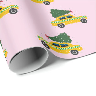 Yellow Cab Taxi Fir Tree Pattern Pink Christmasr Geschenkpapier