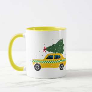 Yellow Cab Taxi Weihnachtsbaum Zeichnend Schnee Tasse