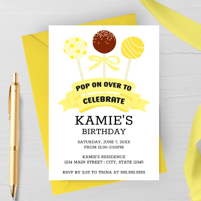 Yellow Cake Pops Geburtstagsparty Einladung (Yellow Cake Pops Birthday Party Invitation)