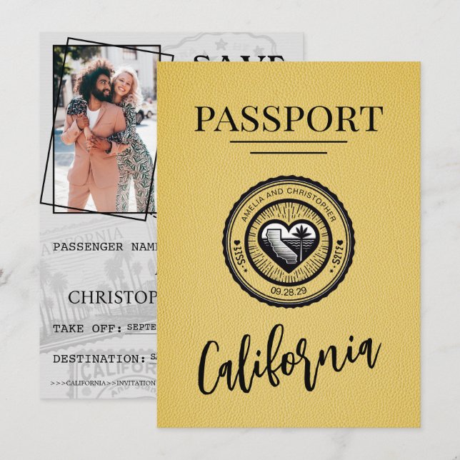 Yellow California Passport Save the Date (Vorne/Hinten)