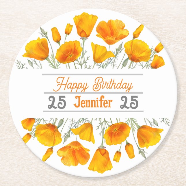 Yellow California Poppies Personalisierter Unterse Runder Pappuntersetzer (Vorderseite)