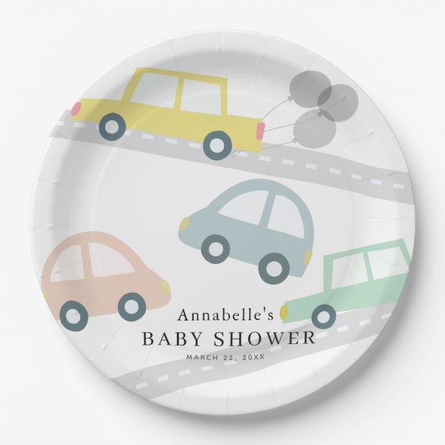 Yellow Car Balloons White Baby Dusche Pappteller (Vorderseite)