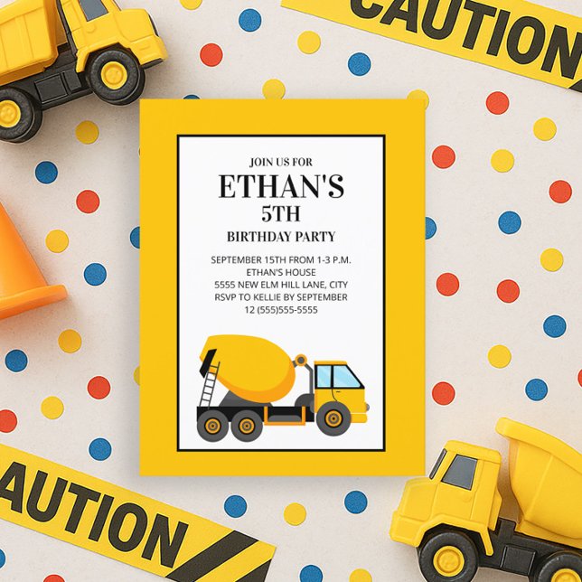 Yellow Cement Truck Birthday Party Postkarte (Yellow cement mixer 5th birthday party invitation)