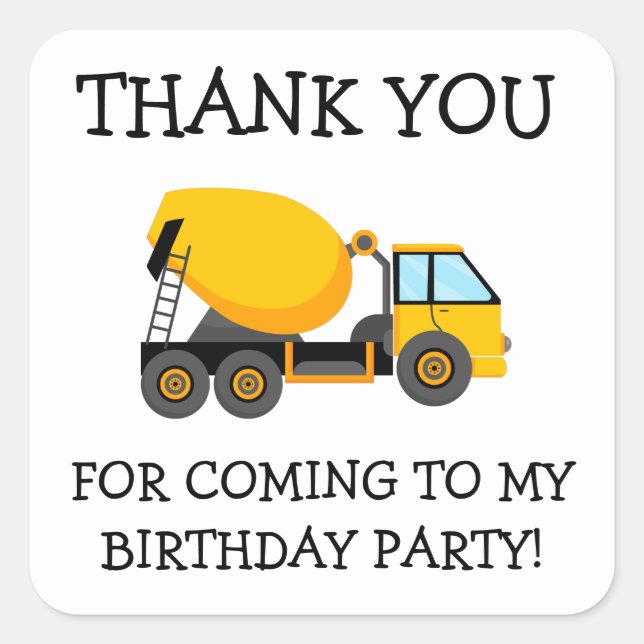 Yellow Cement Truck Child's Birthday Danke Quadratischer Aufkleber (Vorderseite)