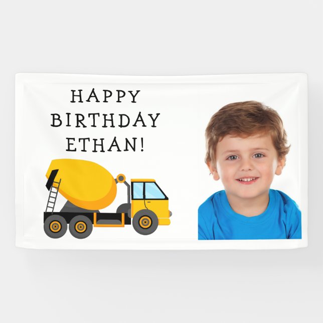 Yellow Cement Truck Child's Birthday Foto Banner (Horizontal)