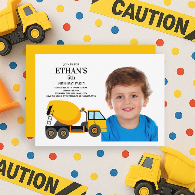 Yellow Cement Truck Child's Geburtstagsparty Einladung (Construction birthday party photo invitation)