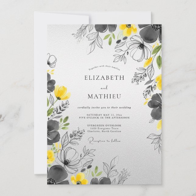 Yellow Charcoal Graceful Spring Wedding Einladung (Vorderseite)