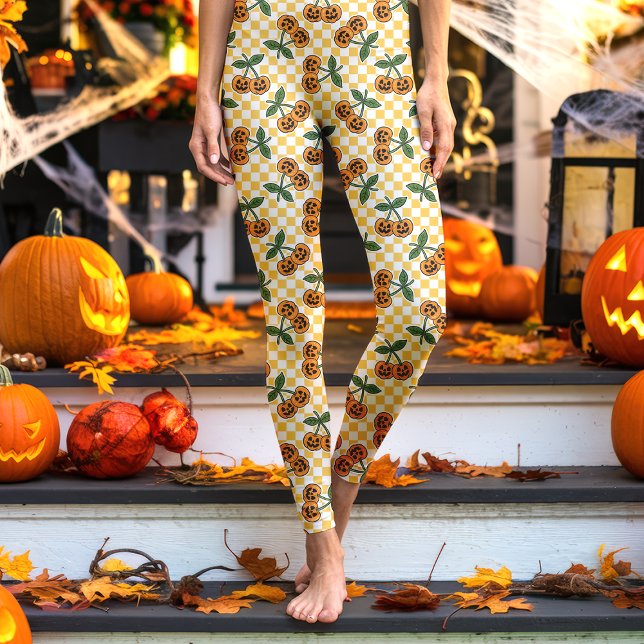 Yellow Checkerboard Cherry Pumpkins Muster Leggings (Von Creator hochgeladen)