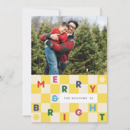Yellow Checkerboard Merry & Bright Christmas Card Einladung