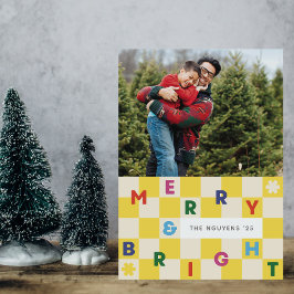 Yellow Checkerboard Merry & Bright Christmas Card Einladung