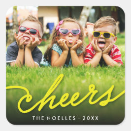 Yellow Cheers Calligraphy Script Foto Holiday Quadratischer Aufkleber