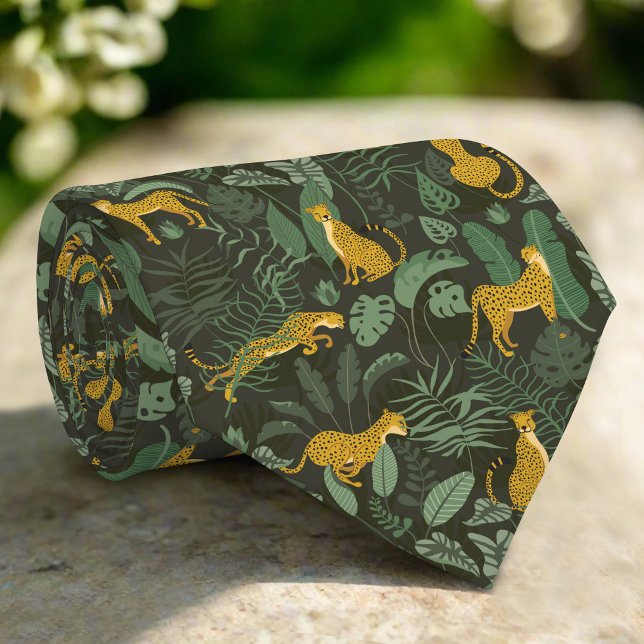 Yellow Cheetahs Wild Jungle Tropical Green Pflanze Krawatte (Von Creator hochgeladen)