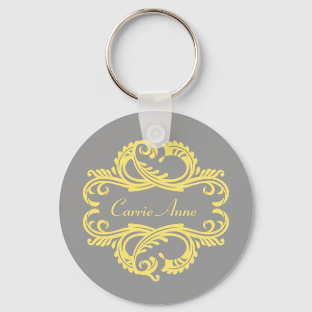 Yellow Chic Damask Schlüsselanhänger (Vorderseite)
