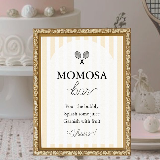 Yellow Chic Tennis Baby Dusche Momosa Bar Sign Poster (elegant yellow momosa bar sign for tennis theme chic preppy baby shower event)