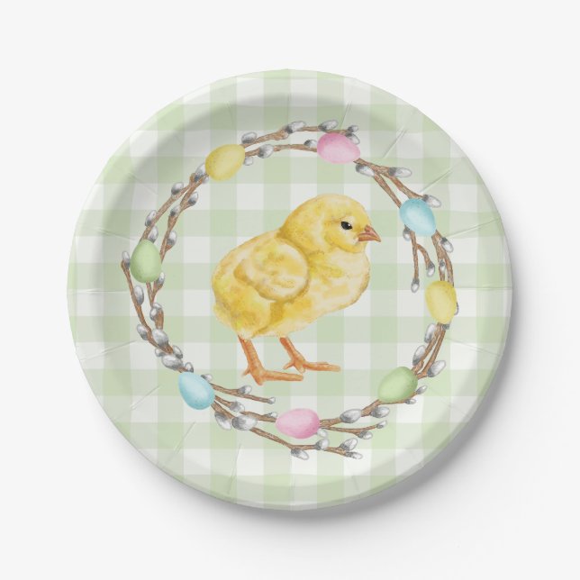 Yellow Chick And Pastel Willow Wreath Easter Pappteller (Vorderseite)