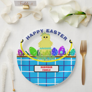 Yellow Chick Egg Blue White Oaster Basket Pappteller