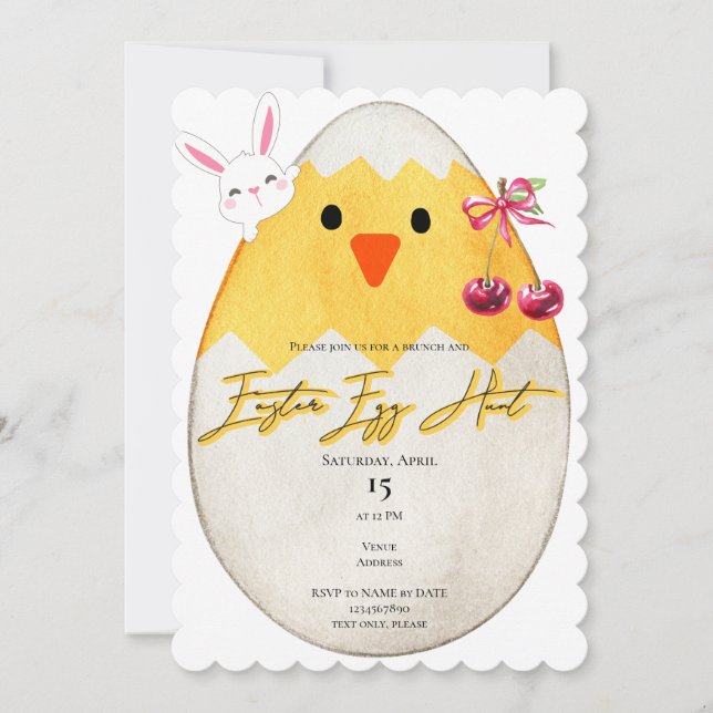 Yellow Chick Oaster Egg Hunt Bunny Cherry Bow Einladung (Vorderseite)