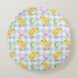 Yellow Chicks And Eggs On Blue Gingham Pattern Rundes Kissen