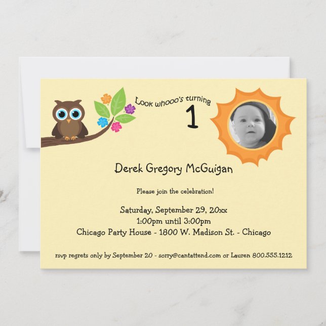 Yellow Children's Birthday Party Owl Foto Einladun Einladung (Vorderseite)