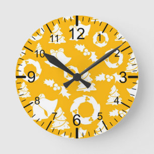Yellow Christmas Pattern Runde Wanduhr