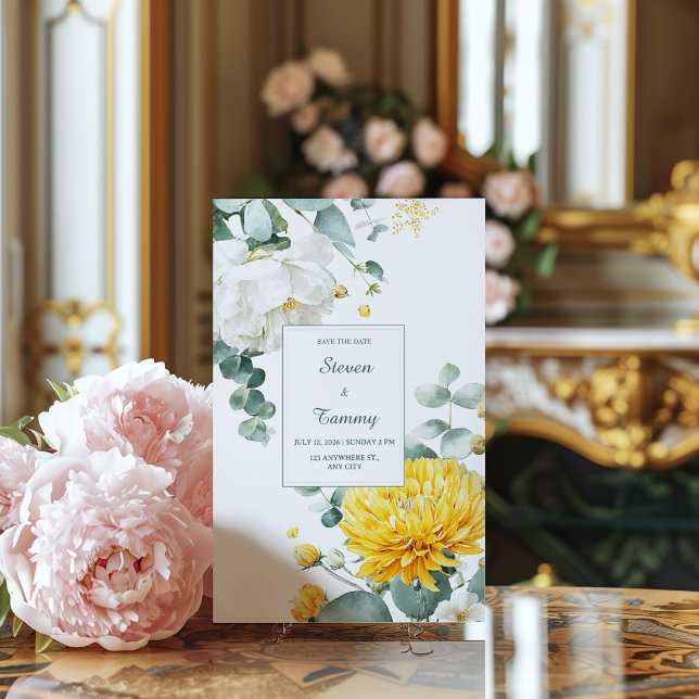 Yellow Chrysanthemum White Peony Eucalyptus Einladung (Von Creator hochgeladen)