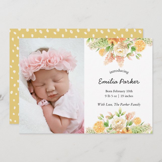 Yellow Citrus Frucht | Moderne Elegante Blumengebu Ankündigung (Vorne/Hinten)