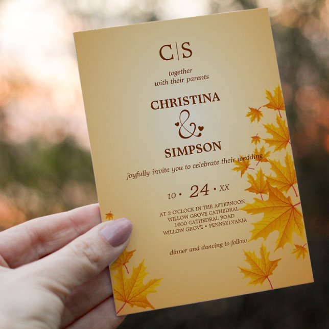 Yellow Classic Herbstmaple Blätter Hochzeit Einladung (Yellow Classic autumn maple leaves wedding Invitation)