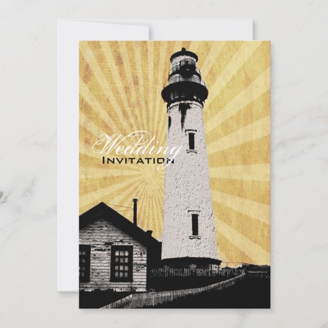 Yellow Coastal Nautical Lighthouse Hochzeit Einladung (Vorderseite)