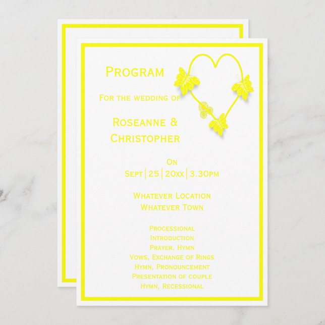 Yellow Colored Butterflies Herzdesign Wedding Programm (Vorne/Hinten)