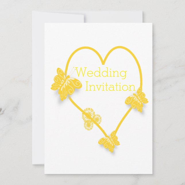 Yellow Colored Butterfly Heart Design Wedding Einladung (Vorderseite)