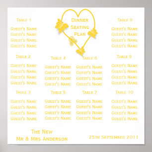 Yellow Colored Butterfly Heart Wedding Seating Poster