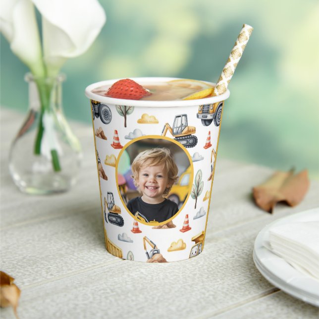 Yellow Construction Trucks Boy Birthday Photo Pappbecher (In Situ)