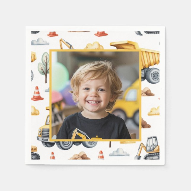 Yellow Construction Trucks Boy Birthday Photo  Serviette (Vorderseite)