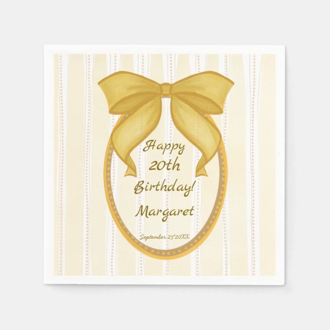 Yellow coquette retro stripes bow birthday party serviette (Vorderseite)