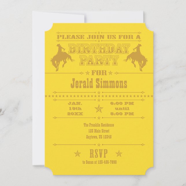 Yellow Cowboy Rodeo Geburtstagsparty Einladung (Vorderseite)