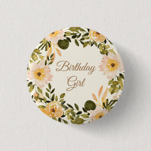 Yellow Cream Floral Birthday Girl  Button