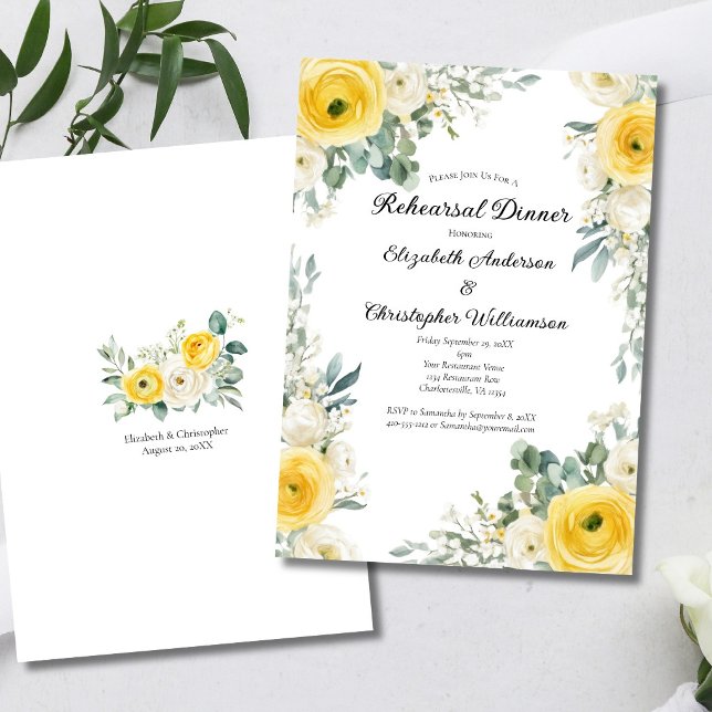 Yellow Cream Watercolor Florals Rehearsal Dinner Einladung (Yellow cream Watercolor flroals elegant Wedding Rehearsal Dinner Invitation. Printed or Digital)