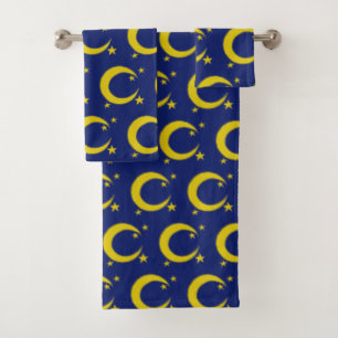 Yellow Crescent Moon Blue Night Sky Star Astronomi Badhandtuch Set