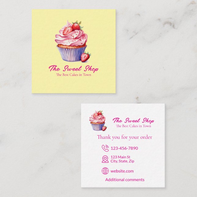Yellow Cupcake Bakery Card | Editable Logo Quadratische Visitenkarte (Vorne/Hinten)