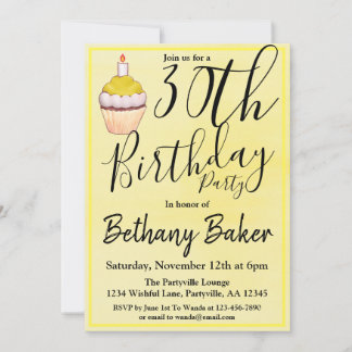Yellow Cupcake Watercolor 30. Geburtstags-Party Einladung