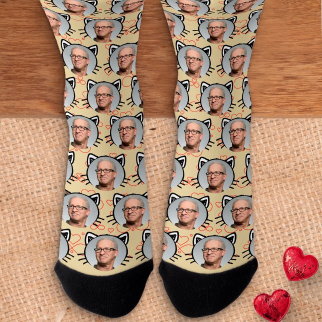 Yellow Custom Boyfriend Girlfriend Foto Cat Face Socken (Von Creator hochgeladen)