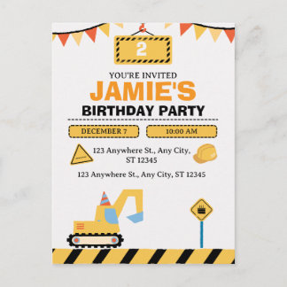 Yellow Cute Construction Truck Boys 2nd Birthday Postkarte
