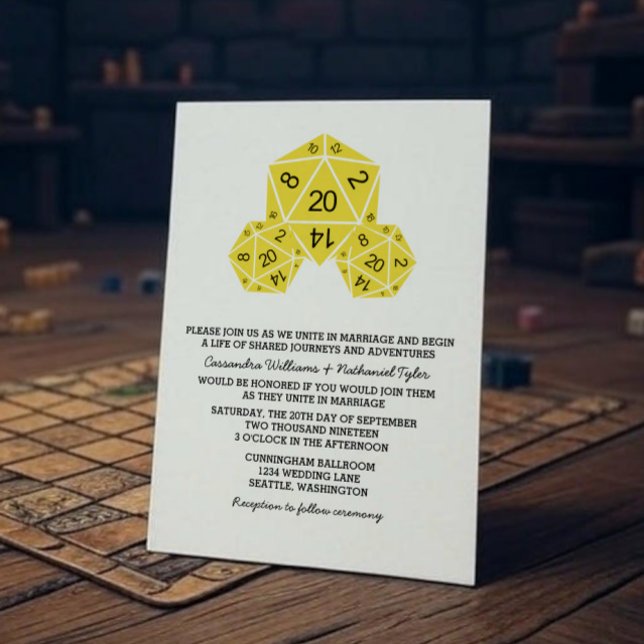 Yellow D20 Dice Wedding Einladung (Yellow D20 Dice Wedding Invite)