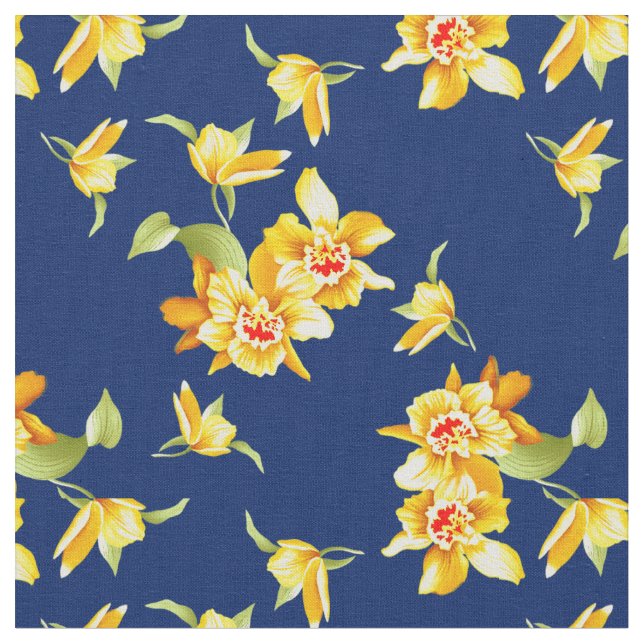 Yellow Daffodien auf Navy Blue Stoff (Nahaufnahme)