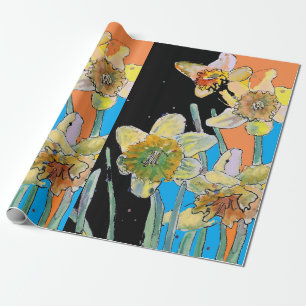 Yellow Daffodil Blue Spring Blumen Kunst Wasserfar Geschenkpapier