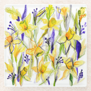 Yellow Daffodils Aquarellfärbung Glasuntersetzer