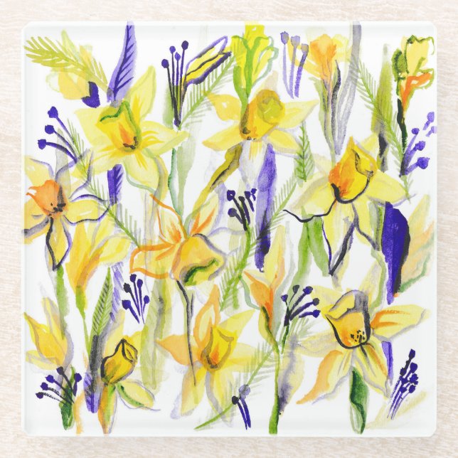 Yellow Daffodils Aquarellfärbung Glasuntersetzer (Vorderseite)