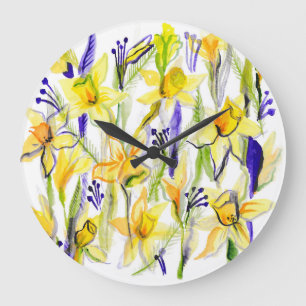 Yellow Daffodils Aquarellfärbung Große Wanduhr