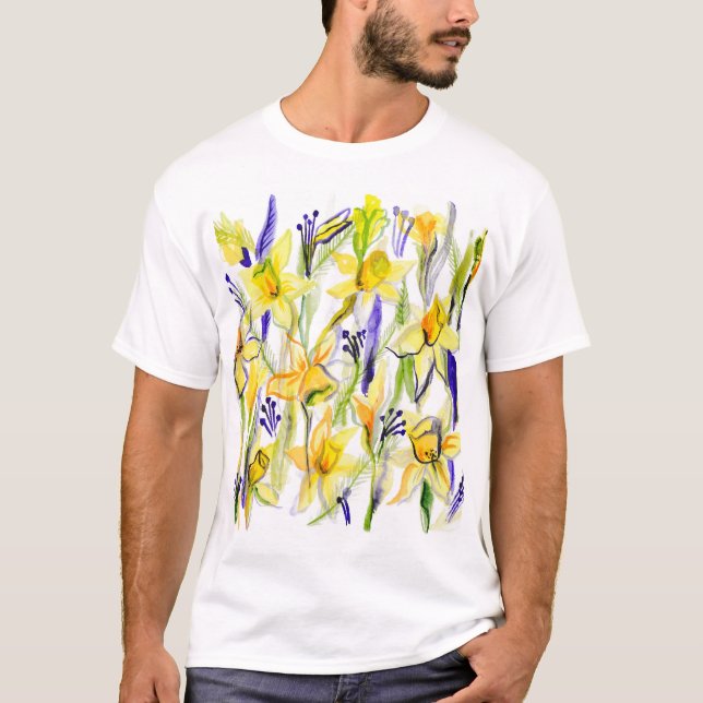 Yellow Daffodils Aquarellfärbung T-Shirt (Vorderseite)