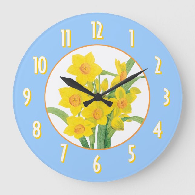 Yellow Daffodils on Blue Floral Wallclock Große Wanduhr (Vorderseite)